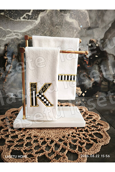 LASETU Checkered Letter K and Striped Kitchen Towel Set of 2 (30X50)