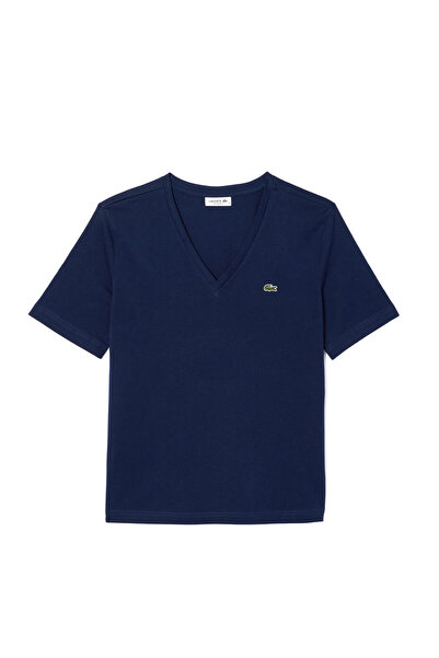 Lacoste Lacivert V Yaka Relaxed Fit Kısa Kollu Kadın T-Shirt