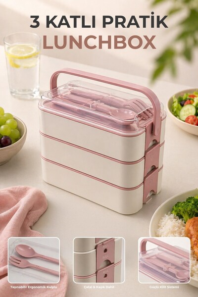Reoona 3 Katlı Bölmeli Lunchbox - Kilitli - Taşıma Saplı - Kaşık & Çatal Dahi...