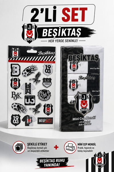 Beşiktaş Taraftar 2’li Set – BJK Şekilli Etiket & Mini Cep Mendili 8’li Paket