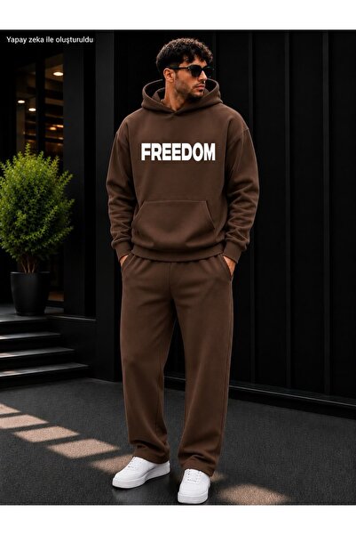 caddekombin Men's Freedom Typographic Printed Tracksuit Set / Hooded Sweatshi...