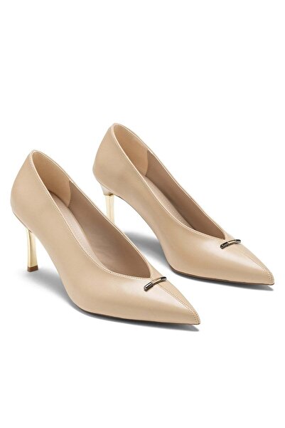 Dedos Women's Short Thin Heeled Buckle Detailed Pointed Toe Flat Stiletto Bei...