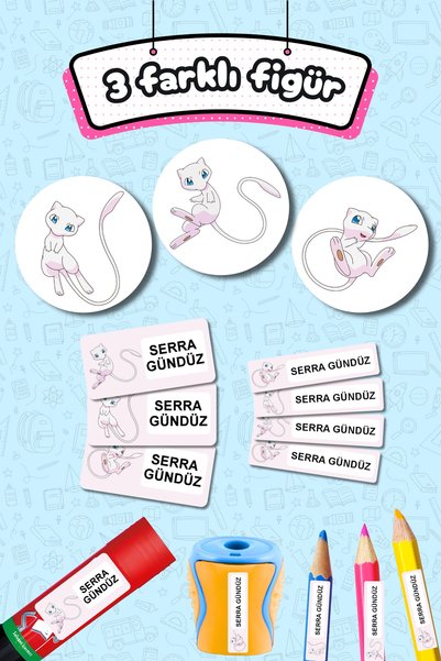Sticker Ekspres Okul Etiketi Pokemon Mew Kalem Defter Etiketi Özel İsim Yazılabilen Etiket 245 Adet İsim Etiketi