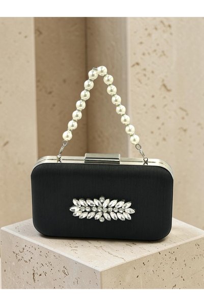 Biçanta Black Striped Satin Silver Detailed Crystal Stone Chain Strap Women's Evening Dress Bag Wedding Engagement Graduation