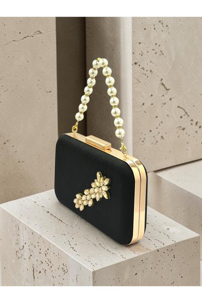 Biçanta Black Striped Satin Gold Detailed Crystal Stone Chain Strap Women's Evening Dress Bag Wedding Engagement Graduation