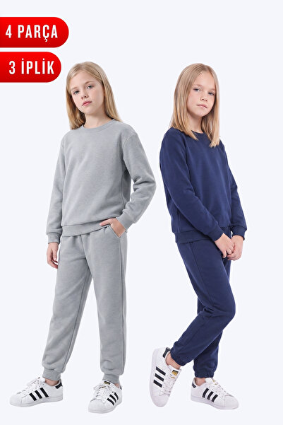 FYK KİDS 3 Thread Flat Girls' Double Pocket Crew Neck 2-Piece Tracksuit Set