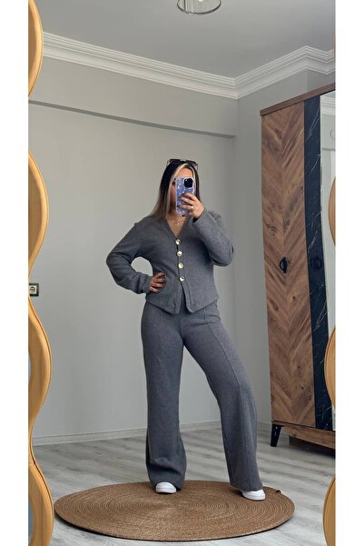 Butik Z*ra Model Gold Düğme Detaylı V Yaka Triko Takım – Gri