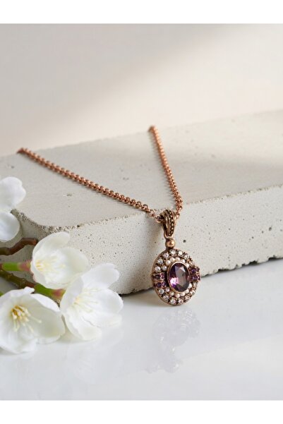 FAYRA ACCESSORIES Oval Pendant with Zircon Stones and Pearl Inlay