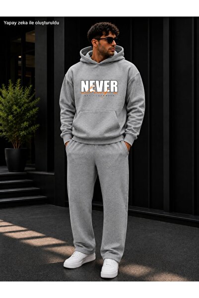 caddekombin Men's Never Enough Written Sweatpants Set / Hooded Sweatshirt wit...