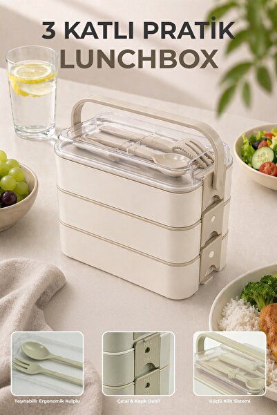 Reoona 3 Katlı Bölmeli Lunchbox - Kilitli - Taşıma Saplı - Kaşık & Çatal Dahi...