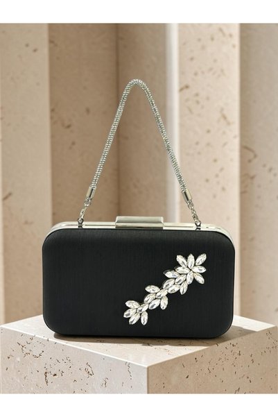 Biçanta Black Striped Satin Silver Detailed Crystal Stone Chain Strap Women's Evening Dress Bag Wedding Engagement Graduation
