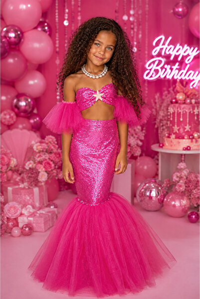 NA ADDESIGN Kız Çocuk Pullu Deniz Kızı Kostümü Pembe Mermaid Elbise, Payetli ...