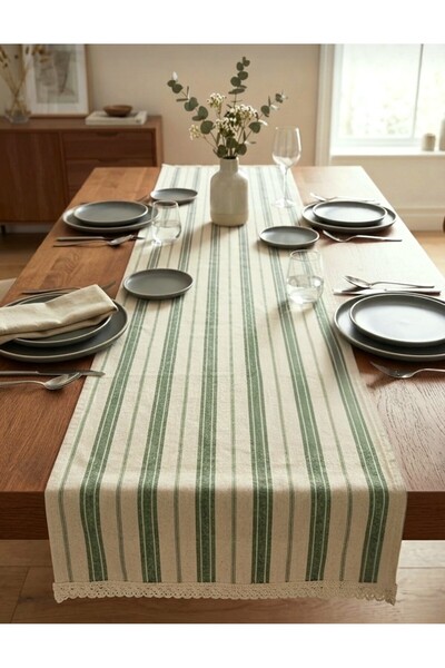 dh denizli hatırası Doğal Keten Çizgili Yumuşak Kumaş Krem Güpürlü 45x115 cm ...