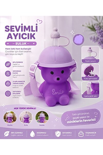 YDNE Smile Askılı Pipetli Çocuk Matarası Ayıcık Şapkalı Su Şişesi 800 ml