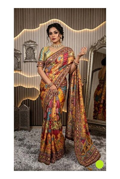 Generic Pure Chinon Silk Designer Patchwork Printed Saree with Handwork Mirro...