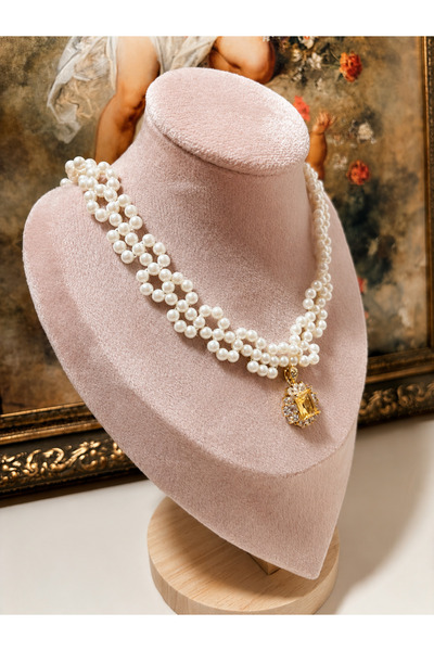 Gizemindünyası Special Design Pearl Choker Necklace with Zircon Stone Charm