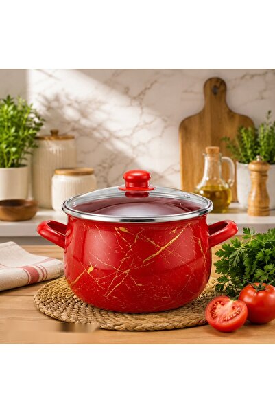 dealshopromania Oală emailată Red Marble cu capac de sticlă, 6.2 L, 24 cm, pe...