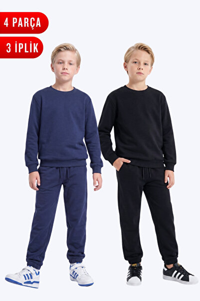 FYK KİDS 3 Thread Flat Boys' Double Pocket Crew Neck 2-Piece Tracksuit Set