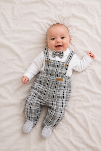 METEOR BABY Baby Boy Set with Bow Tie, Plaid Patterned 3-Piece Set, Salopet P...