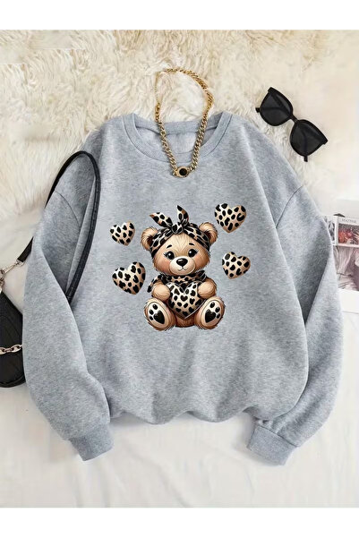 Trend Sizde Φούτερ Unisex με στάμπα λεοπάρ αρκουδάκι και λαιμόκοψη ποδηλάτου