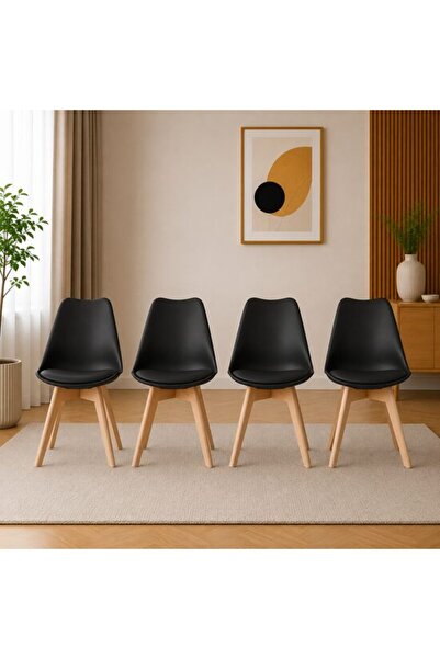 Solplant Set 4 scaune bucatarie/living, , Mark, PP negru, picioare lemn natur...
