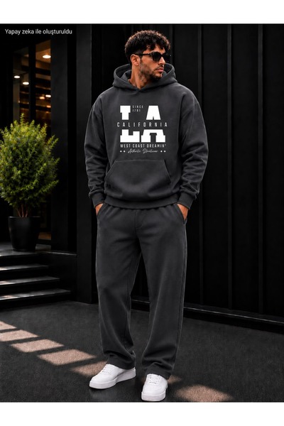 caddekombin Men's La California West Coast Printed Tracksuit Set / Hooded Kan...