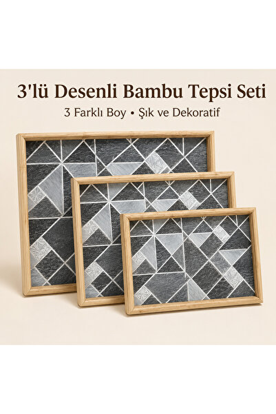 Genel Markalar 3’lü Desenli Bambu Ahşap Sunum ve Dekoratif Organizer Tepsi Seti