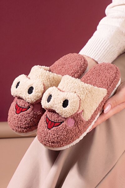 FUGA MODA Porty Pink Eye Detailed Frog Figured Women's Plush House Slippers