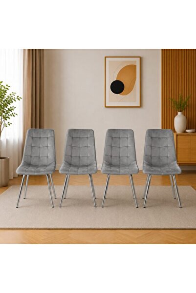 Solplant Set 4 scaune bucatarie/living, , Cieza, catifea gri deschis, picioar...