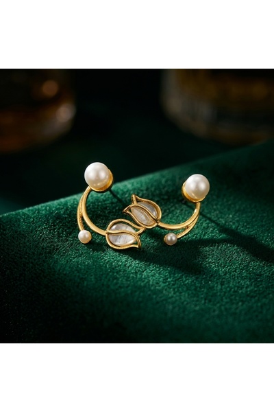 Prizma Concept Women's Gold Color Elegant Tulip Figured Pearl Stylish Design Earrings - Modern Minimalist Daily and Special Occasion Accessory
