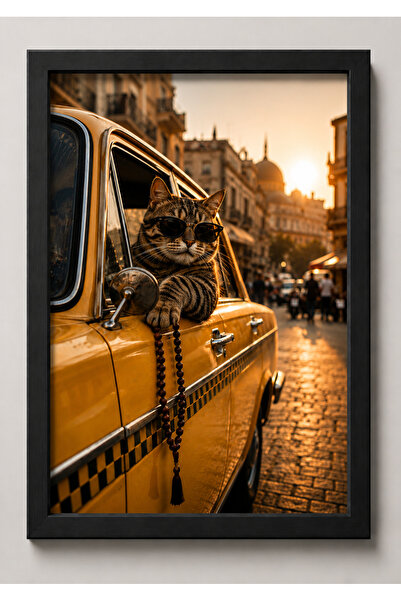 Retro Kedi Poster – Sarı Taksi ve Şehir Manzarası Vintage