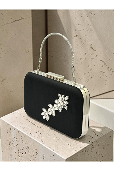 Biçanta Black Striped Satin Silver Detailed Crystal Stone Chain Strap Women's Evening Dress Bag Wedding Engagement Graduation