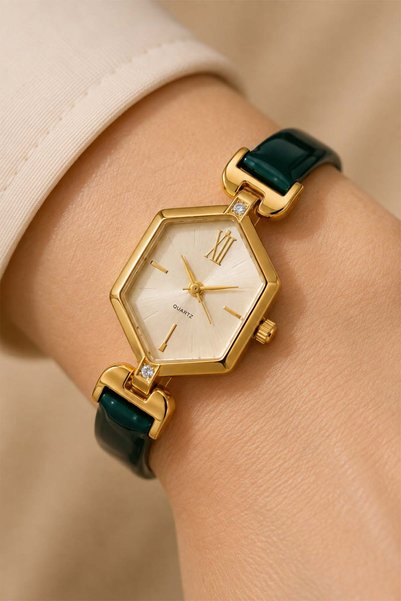 GANYMET Ganios Special Design Women's Wristwatch – Shiny Emerald Green Minimal Strap, Gold Geometric Case and Stone Detail