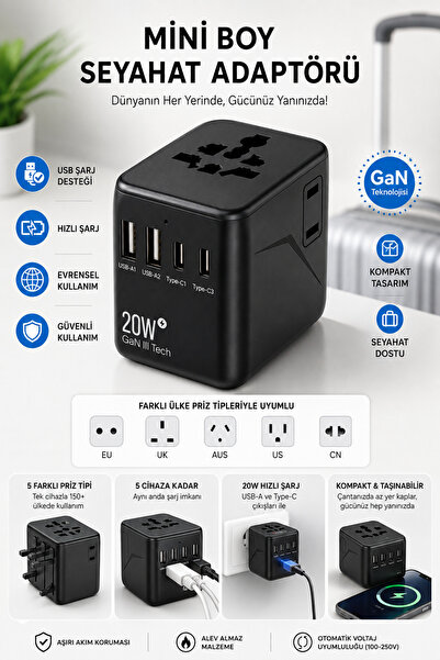TECHNOMEN Universal Seyahat Adaptörü 20W GaN Hızlı Şarj Type-C USB Çoklu Priz...