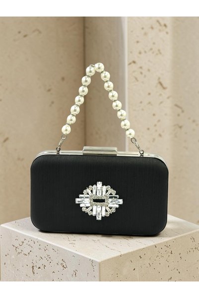 Biçanta Black Striped Satin Silver Detailed Crystal Stone Chain Strap Women's Evening Dress Bag Wedding Engagement Graduation