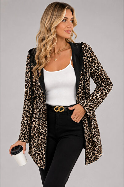 MetuCA Women's Double-Sided Leopard Patterned Black Hooded Zipper Jacket Coat