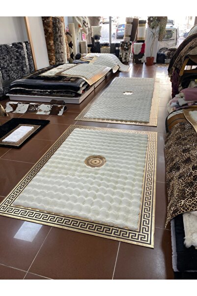 Deri Halı Dünyası Beyaz Renkli Gold Varaklı Bubble Peluş Halı