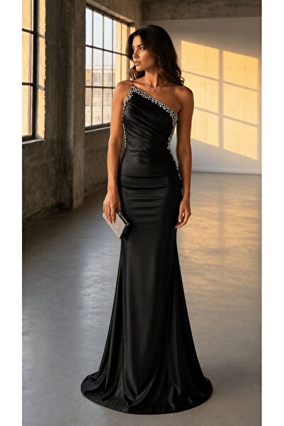 Modafeminen Black One-Shoulder Stone Embellished Detailed Gathered Satin Merm...