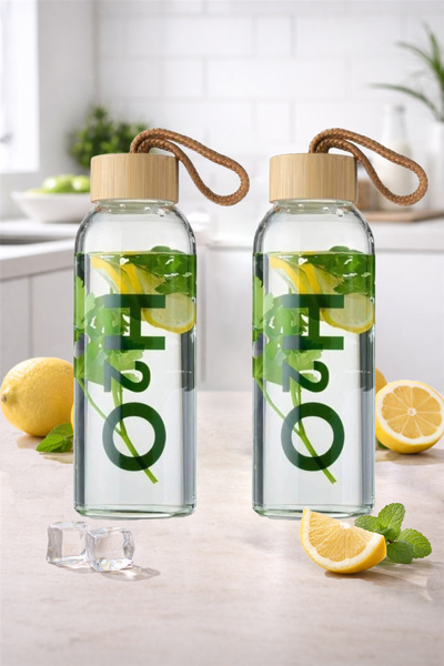 Tohana H2O Borosilikat Cam Matara Bambu Kapaklı Suluk 600 ml x 2 Adet