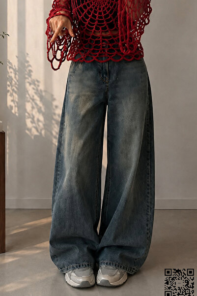 GRİİ WEAR Kadın Yüksek Bel Baggy Wide Leg Bol Paça Vintage Yıkamalı Jean Pant...