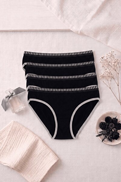 hadiora Women's Black 4-Pack Cotton Striped Elastic Waist Comfortable Slip Pa...