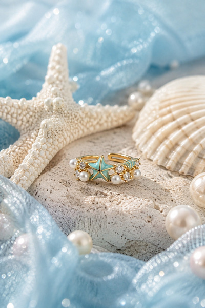 Sylvera Shop Marina Sea Themed Pearl Detailed Stone Ring - Adjustable (Gold C...