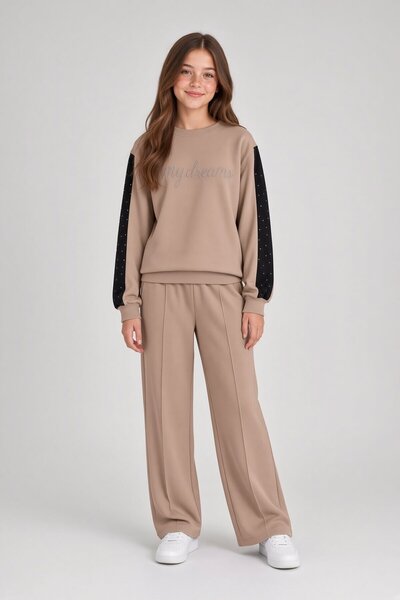 Cansın Mini Brown Girls' Sequin Lettered Crew Neck Tracksuit Set 24831