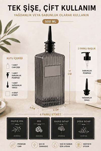 Jenisa 500 ml Glass Oil Dispenser Soap Dispenser Set – Glass Bottle with 2 Di...