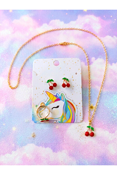 GÜLPEŞE Children's Necklace, Ring and Earring Set with Cherry Detail