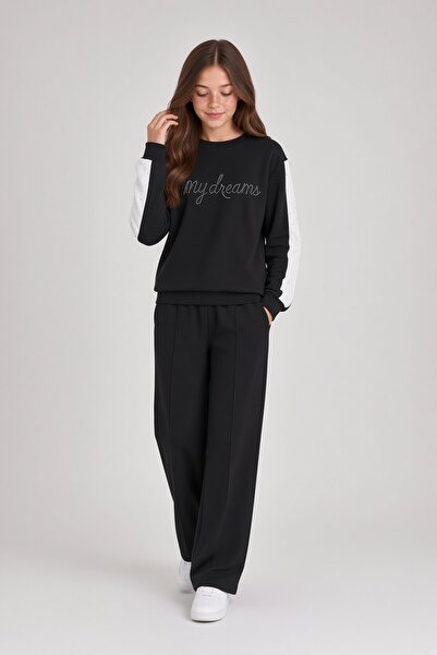 Cansın Mini Black Girls' Sequin Lettered Crew Neck Tracksuit Set 24829