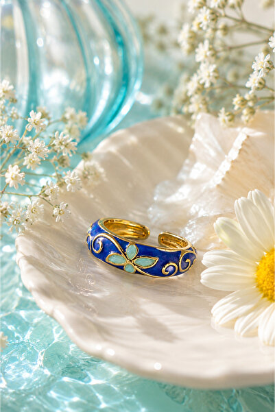 Sylvera Shop Spring Floral Blue Enamel Ring - Adjustable (Gold Color)