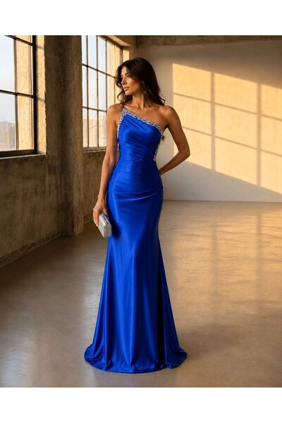 Modafeminen Cobalt blue One-Shoulder Stone Embellished Detailed Gathered Sati...