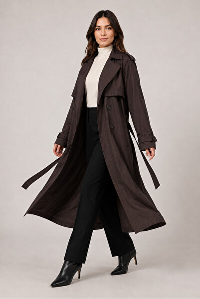 franky B Women's Double-Breasted Collar Belted Oversize Long Trench Coat