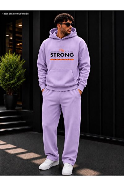 caddekombin Men's Stay Strong Printed Tracksuit Set / Hooded Sweatshirt with ...